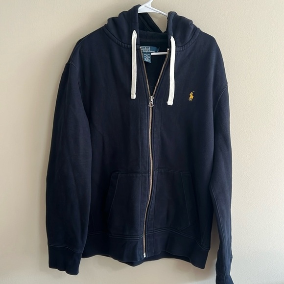 Polo Ralph Lauren Dark Navy Blue Yellow Pony Logo Zip Up Mid-weight Hoodie - Picture 1 of 7